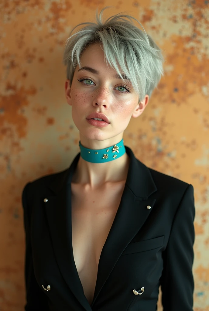 a young woman with vibrant silver hair, with a slightly messy style, pixie cut, His eyes are a striking green., and has light freckles scattered across her face. Elf&#39;s ears, Lighting should be warm, giving your skin a slightly shiny appearance. The background should be abstract and soft., Warm tones and some silver splashes to match your hair.. She is wearing a black, suit with shirt with subtle silver details. Cyan colored choker on her neck, The overall atmosphere should be modern., slightly ethereal, and striking.