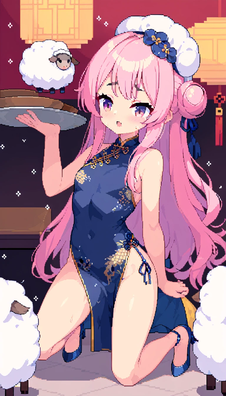 masterpiece, Highest quality, 8k, Pixel art, Pixel art, Vivid, ((1girl)), young woman, ((I'm about to drop the dish.)), Panic, Sweating, cute, Turning at an angle, Open your mouth, Fluffy hair, Long Hair, Hair like sheep's hair, Pink Hair, eyebrow, 太いeyebrow, China dress, Chignon Cap, High heels, (Highest quality:1.0), (China Hotel)