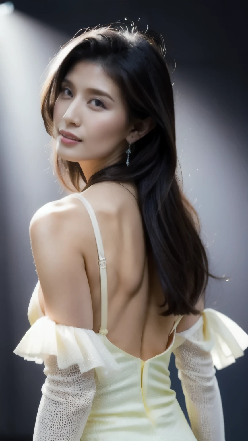 Ultra-high resolution,art photograph,photograph,21 year old girl,Earrings,Long Hair,Black background,Black backless dress,necklace,Cowboy Shoot,H Cup,Showing cleavage,Expose your breasts more,Incredible breast size,Erect nipples,Open the arena area,Your breasts will get bigger,Back is smooth and beautiful.,Back is completely naked.,Cold skin whitening,Big Ass,His white hair was tulle.,Messy Hair,Translucent clothing,Blushed,More transparent clothing