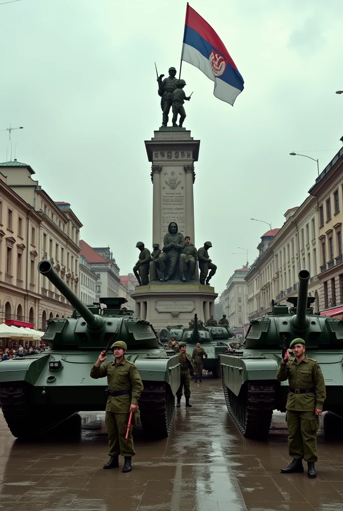 The Serbian army in Serbian uniforms with guns and tanks conquers Zagreb and places the Serbian flag on the bana jelacica monument in Zagreb