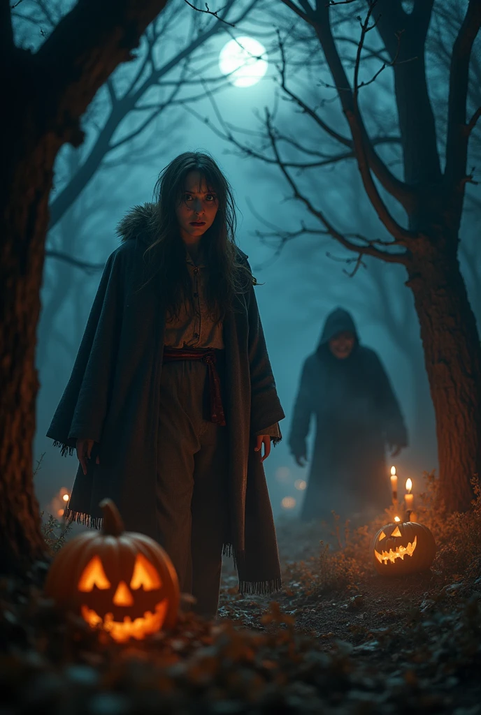 halloween, A scared brunette woman and a man with a scary mask. em uma floresta escura