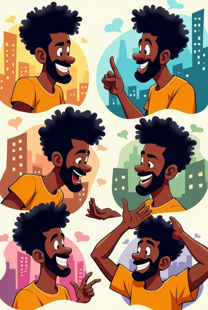 a black male cartoon character with curly hair, in various positions, as if they were speaking