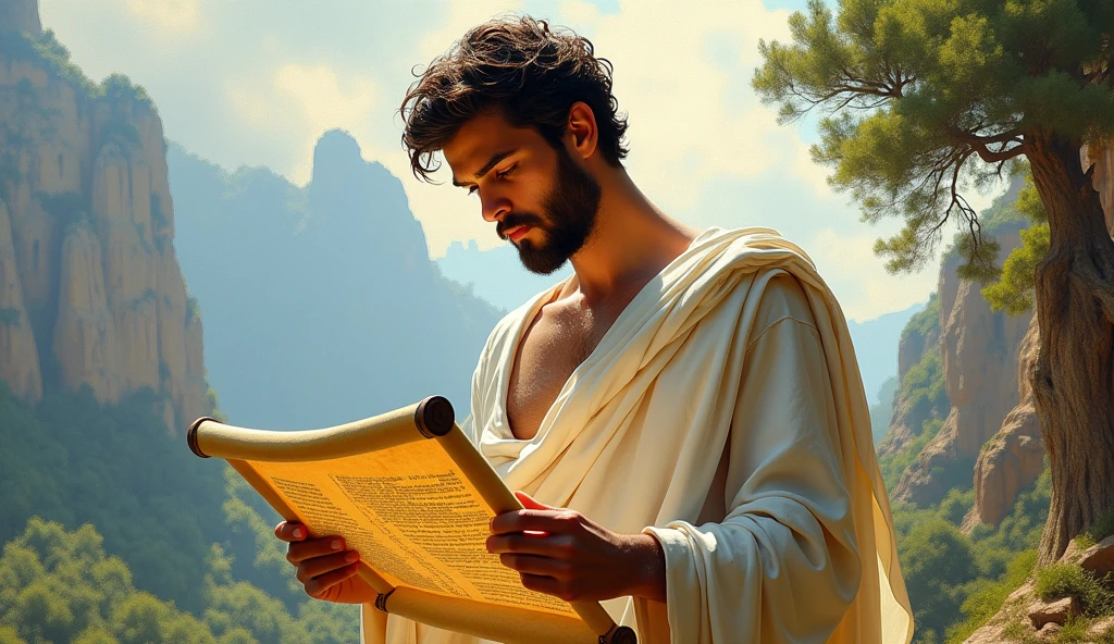 “ A male stoic philosopher with a well-proportioned and attractive physique, not excessively muscular. He is wearing classic tunics, slightly transparent, that gently drape over his body, subtly revealing parts of his shoulder, with a very short and well-groomed beard, and wavy, well-stylized hair. He is reading a scroll with Seneca’s quote, his expression calm and determined as he reflects on its wisdom. The scene is set in a vibrant, impressionist landscape with rich colors and dynamic brushstrokes, creating a sense of movement and emotion. The background has a subtle texture that adds depth but complements the text without overpowering it.”