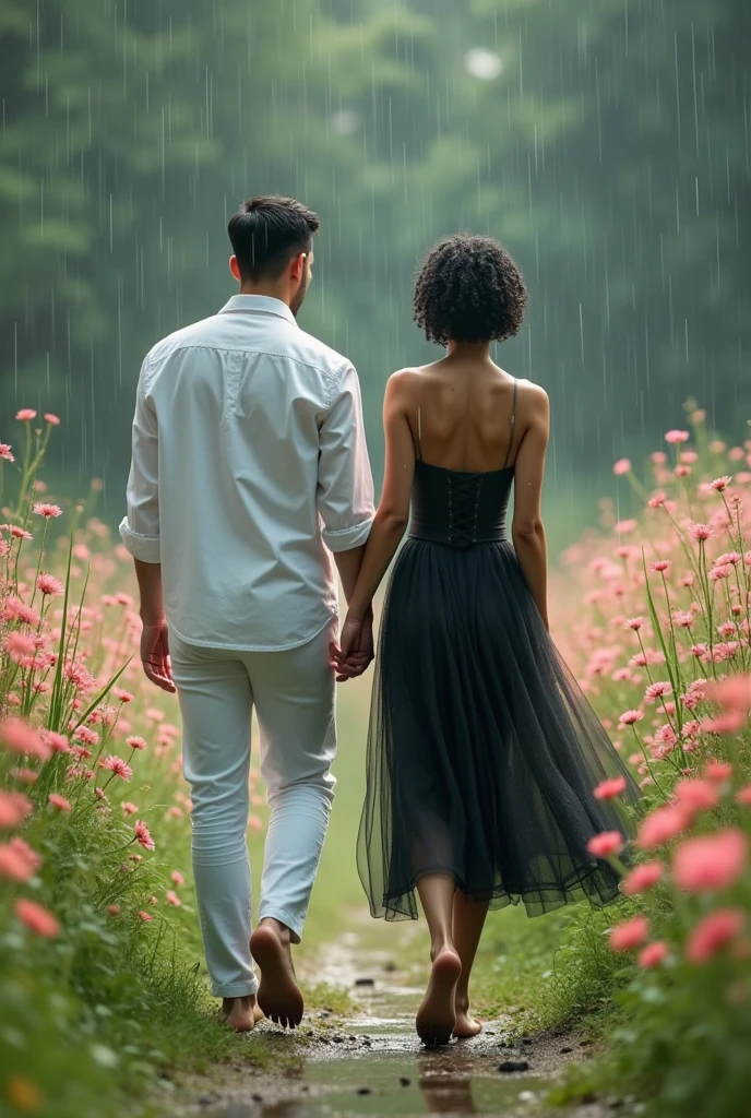 A white man, dark brown eyes, short black modern haircut, black beard, 5 feet 7 inches tall, wearing a white shirt and white pants, holding hands with a white woman, 5 feet 1 inch tall, SHORT BLACK CURLY HAIR, in a black tulle dress,barefoot, in the rain, in a field of pink flowers,Magic place, caminhando juntos