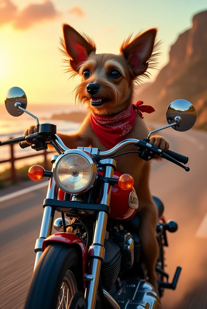 A skinny dog riding a motorcycle