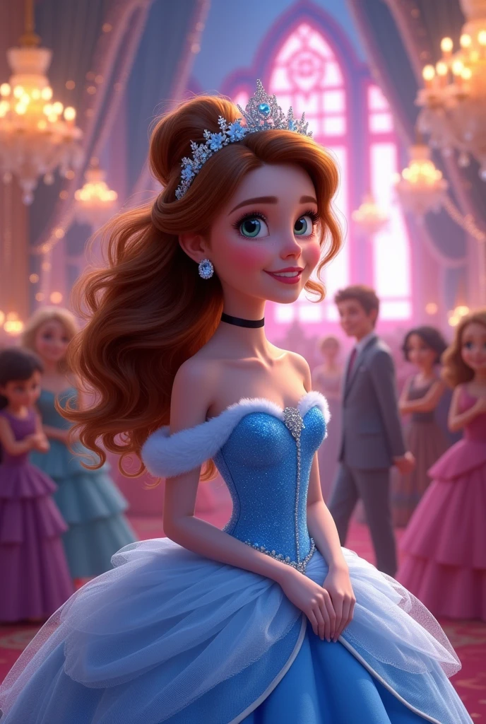 Princess Cinderella but she's a brunette with highlights( with highlights in hair) with curly hair in the Disney Pixar style, Surprise me