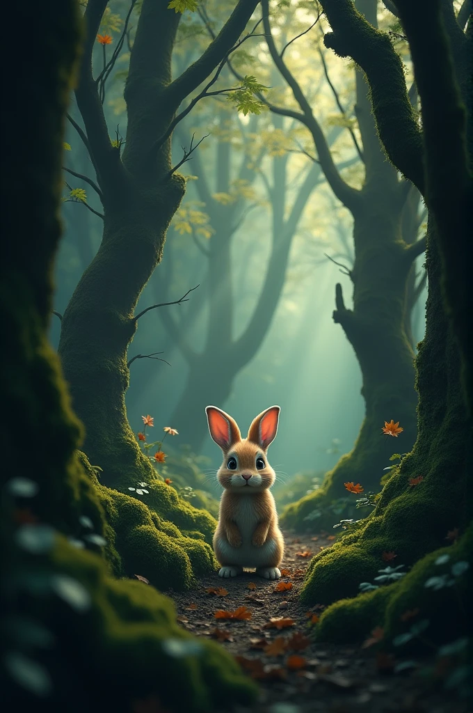 3. Scene: Hoppy the young rabbit feeling lost in the forest
Prompt: A small, frightened-looking rabbit standing in the middle of a shadowy forest, looking around nervously.