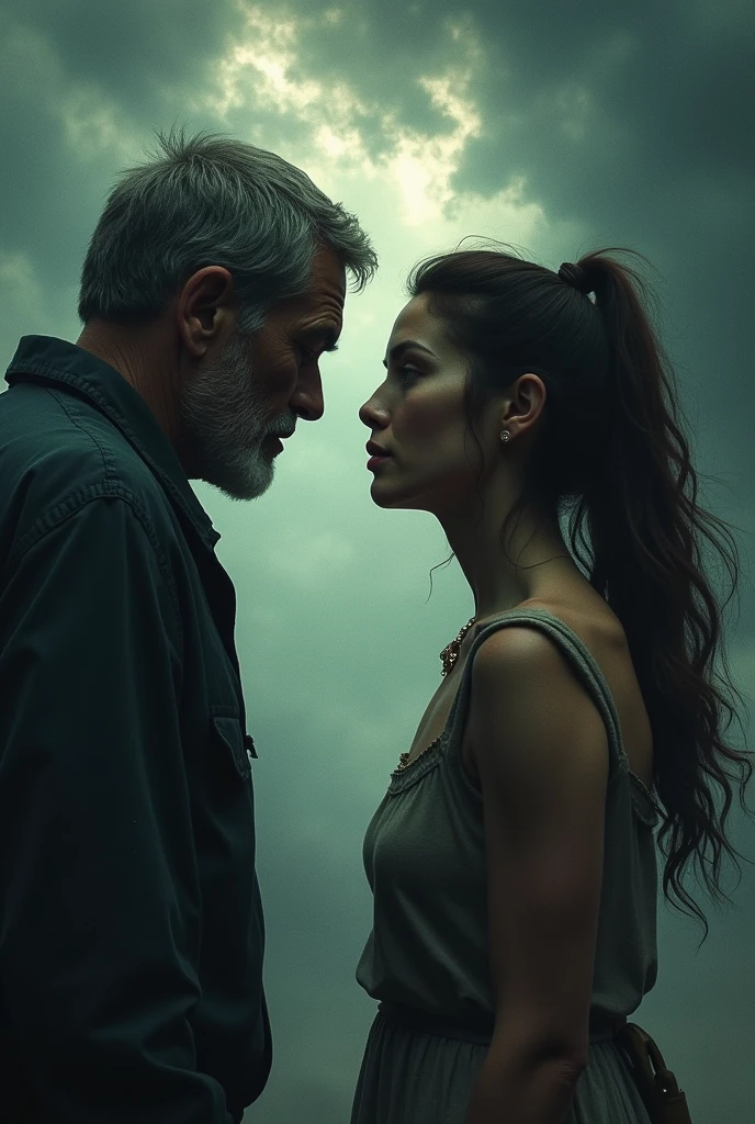 A weak man looking towards a woman, the woman looking towards a strong, determined man. The background transitions from dark and chaotic.