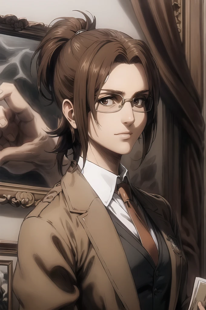 portrait of beautiful HangeAOT, 1girl, solo, brown_hair, glasses, eyepatch, Perfect brown silk suit , Masterpiece ,Background of a large library , realistic hands , Detailed realistic painting, hd, Brown and chestnut colors , White silk shirt, black tie, Messy ponytail, Perfect detailed body 