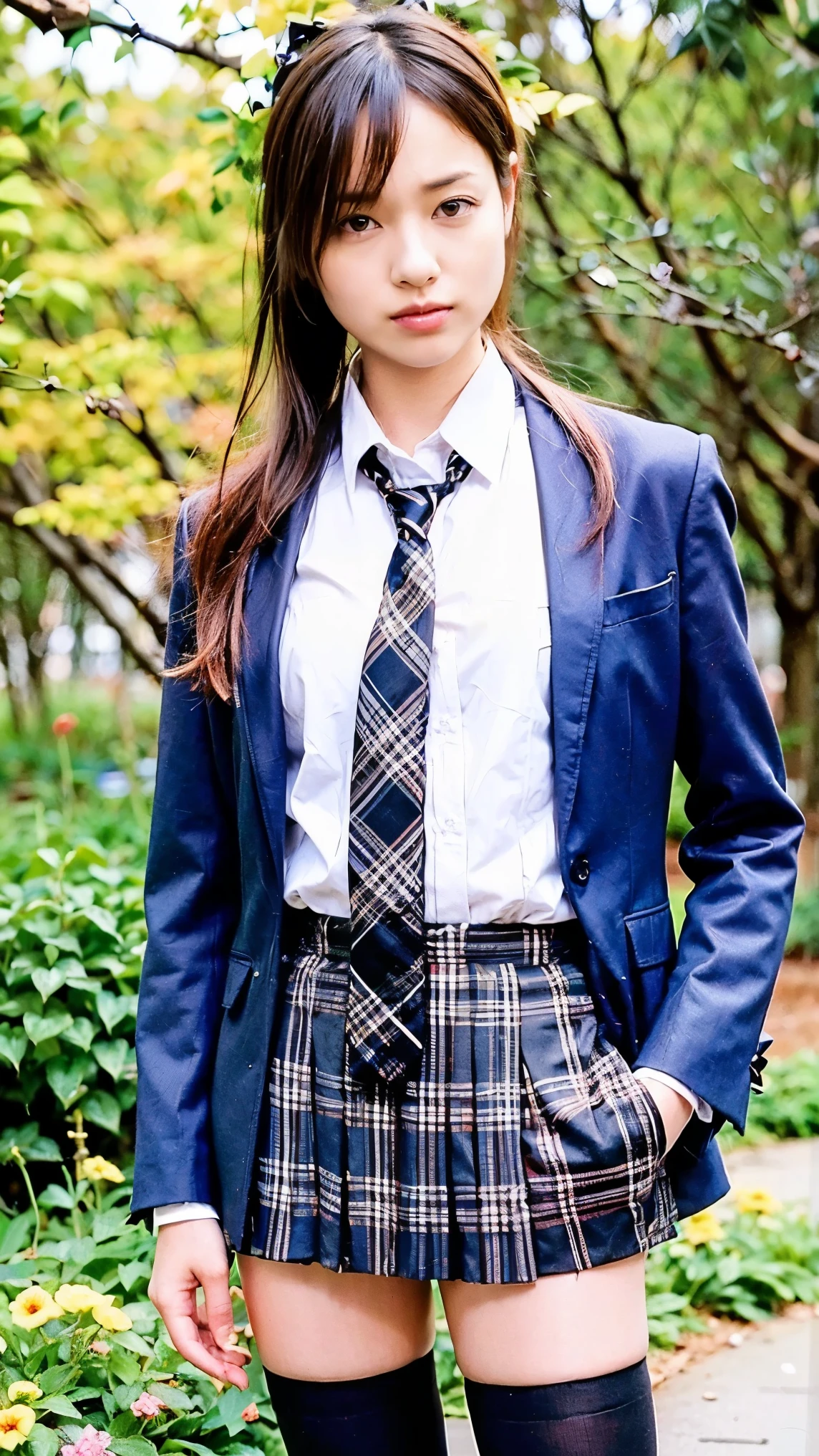 (8k), (Highest quality: 1.2), (Realistic), (Realistic: 1.37), Ultra-high resolution, 1 person, cute, Angry face, Mouth closed, Beautiful details, Beautiful Nose,Beautiful Hair,ponytail,Thighs,University Uniforms,A simple dark blue satin blazer,Satin White Blouse,A bow tie,Pleated skirt,School,Cherry tree in full bloom,(The skirt and tie are dark blue tartan check pattern..:1.3),(The check pattern on the skirt is a little thin..:1.2),(Opaque black thigh-high socks:1.4) ,Thighsにクローズアップ,avert your eyes,