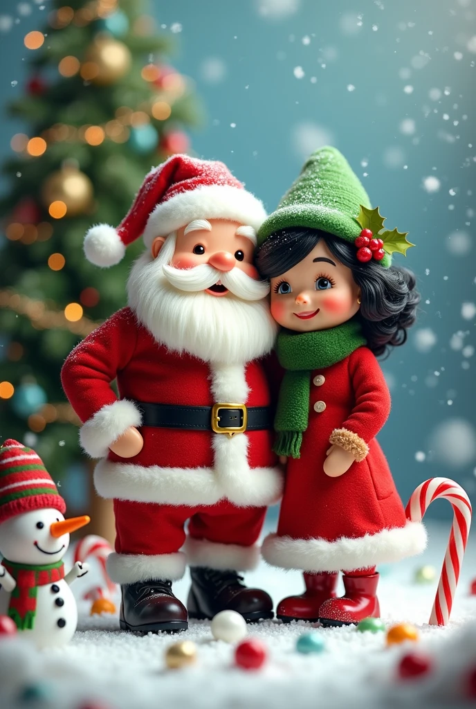 Santa Claus with his chubby wife black hair candy canes snowman snowflakes Christmas tree 