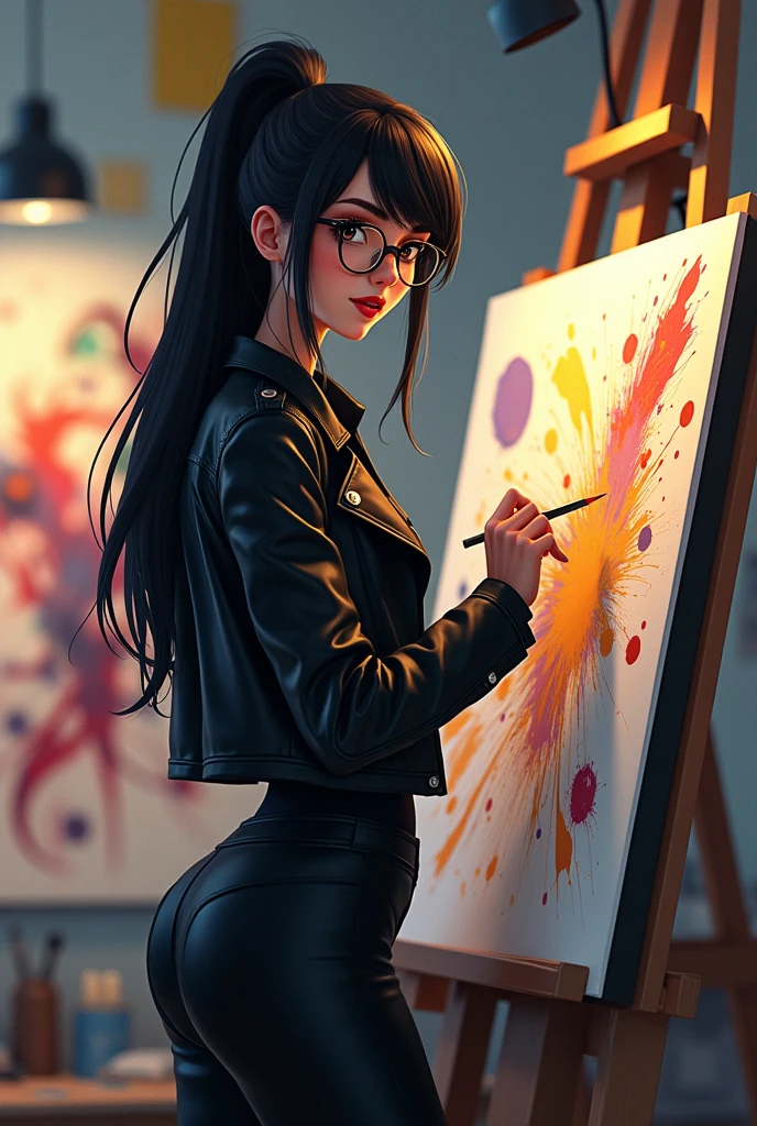 Create an animation of me drawing a break from a 20 year old woman, 1,65 tall, long black hair, eyes black, wears round glasses, wears black clothes, leather jacket pale skin and large breasts