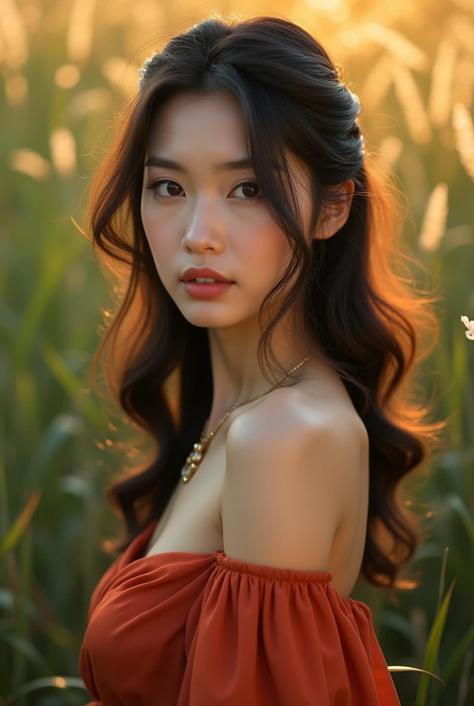 Gorgeous asian female with big breasts and deep brown eyes with super smooth skin, use natural lightings and colours, cinematic lightings, wearing suitable clothes accordingly