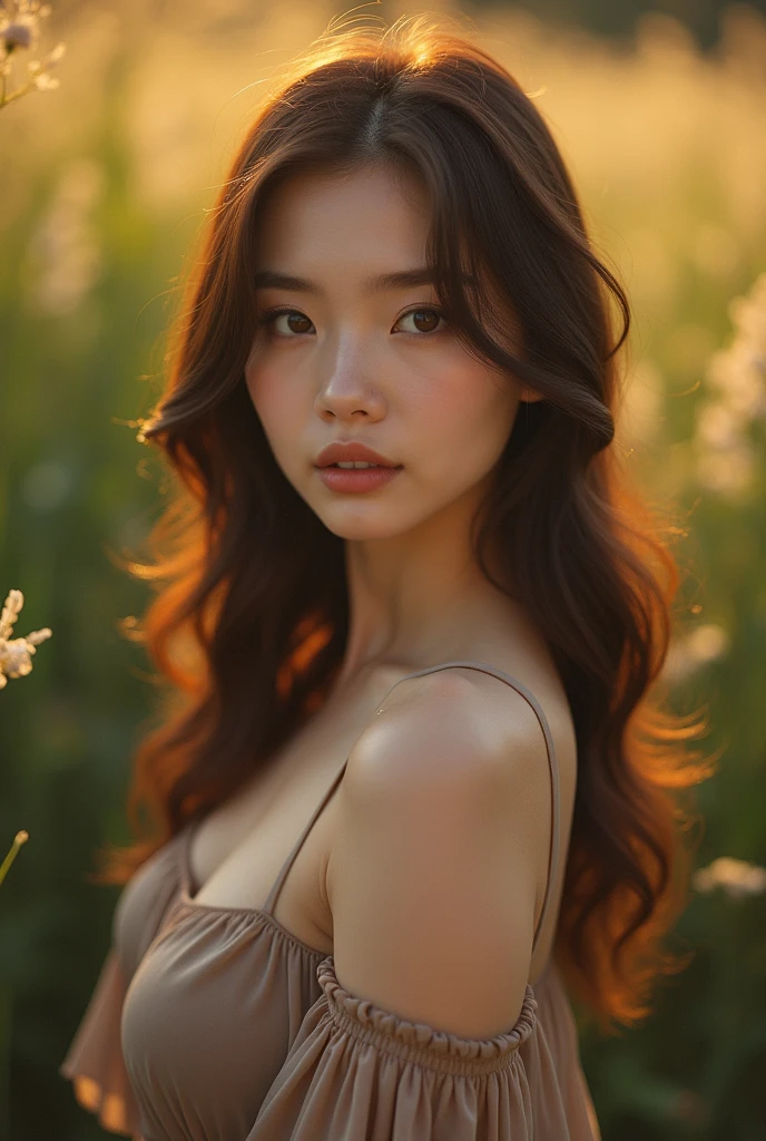 Gorgeous asian female with big breasts and deep brown eyes with super smooth skin, use natural lightings and colours, cinematic lightings, wearing suitable clothes accordingly