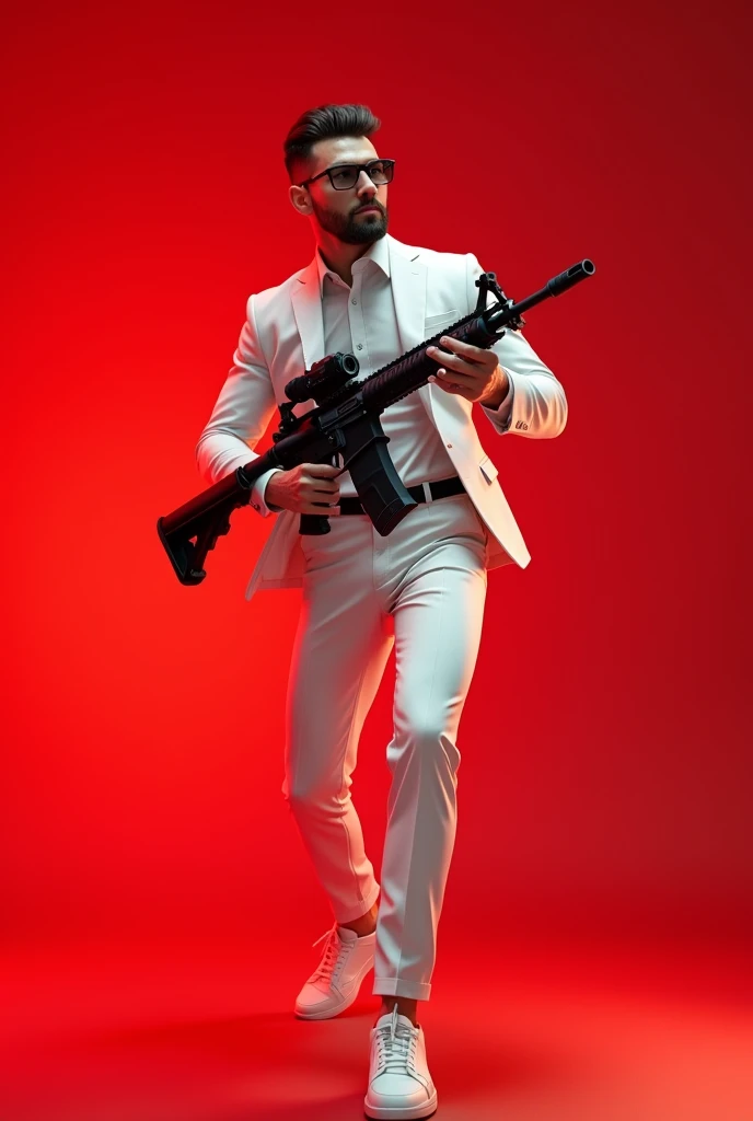 Create an Ai 3d photo of 20 years old with small beard and wearing a white suit and shoe and with black glasses and catching a glacier m416 gun in red background 