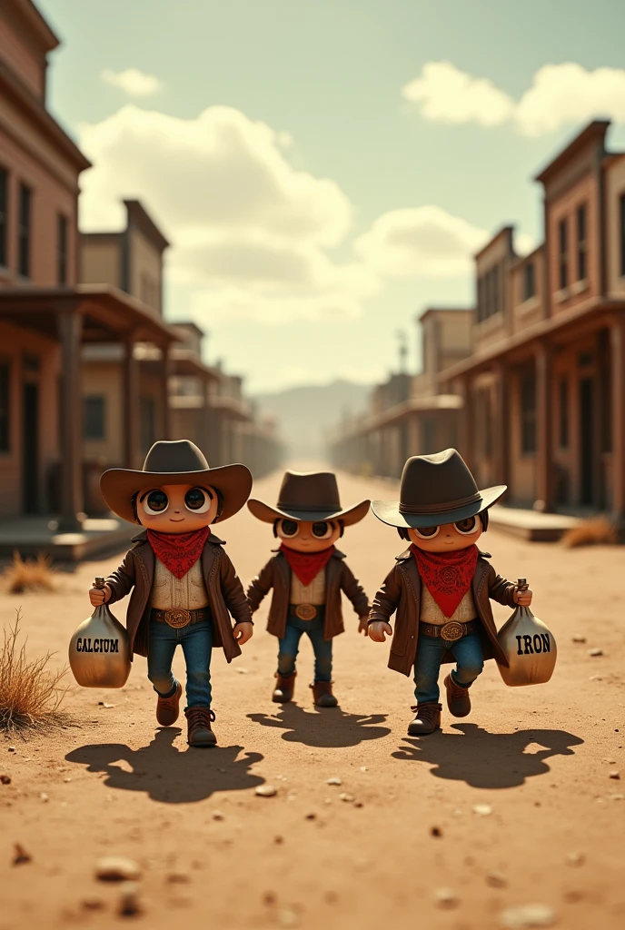 vitamins and minerals disguised as robbers and the image looks vintage, like the Wild West