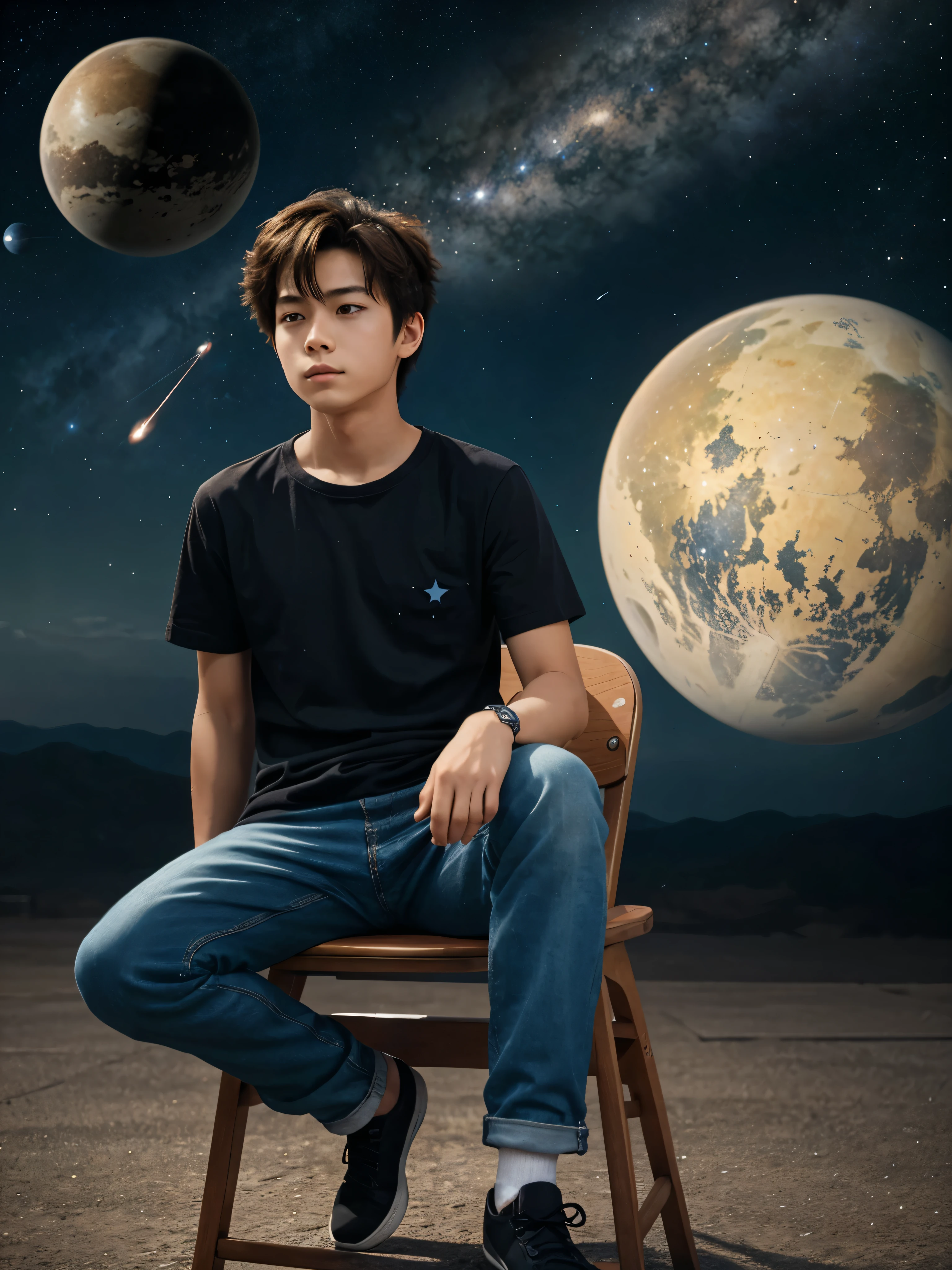 Anime style boy sitting on a chair while leaning looking up. In the background is the universe with a couple of small planets and stars. At the top of the image a text that says "Seeing Universes"