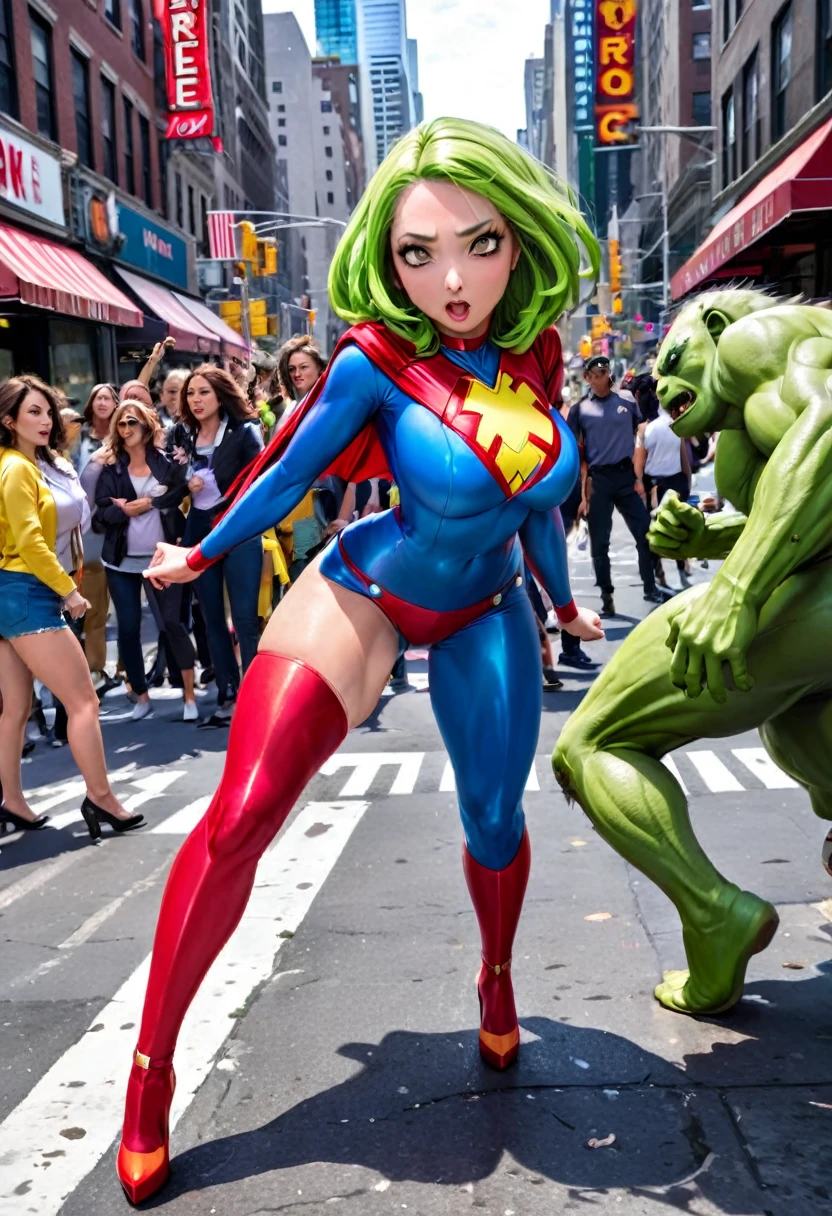 A cute woman (super heroine outfit, crazy matching hair, powers on display) heroic pose, street of new york, facing down a mob of mutant monsters