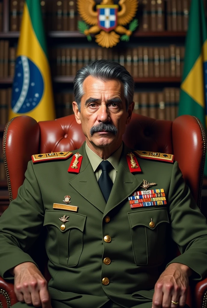 A realistic and detailed portrait of a Colonel of mixed race from the Brazilian army, approximately 40 years old., with black and gray hair on the sides, and a thin scar on his face like a mark of bravery, he has a mustache. He is wearing a high-ranking olive green uniform of the Brazilian Army officer, adorned with medals and decorations. The background features an office of the Brazilian Army, with books and Brazilian flags, integralists and fascist, He is a realistic coat of arms, which contributes to the atmosphere of authority and respect. The veteran is sitting in a comfortable armchair, exuding wisdom and strength, and looking like a respected and esteemed leader
