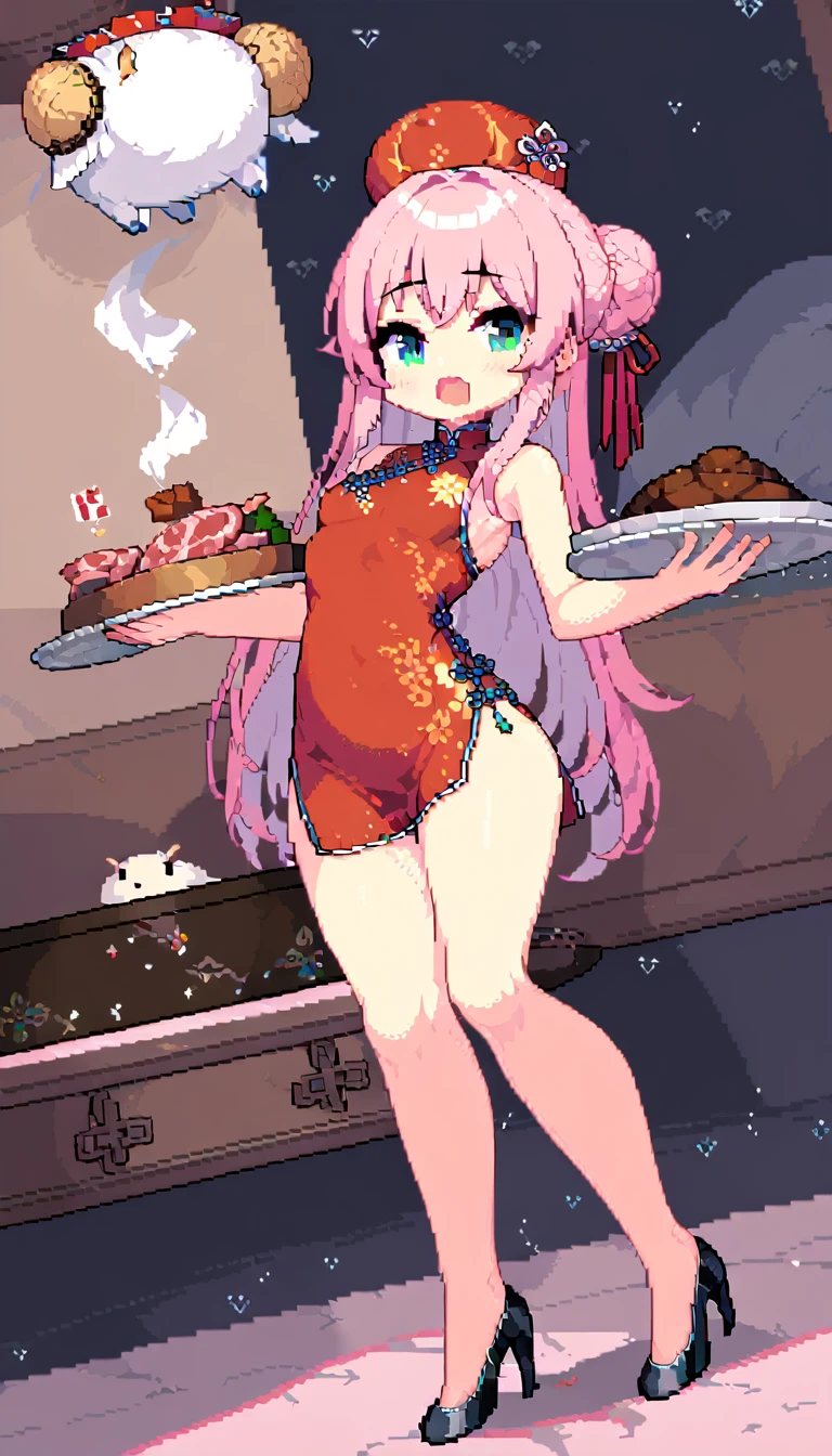 masterpiece, Highest quality, 8k, Pixel art, Pixel art, Vivid, ((1girl)), young woman, ((I'm about to drop the dish., 皿が👍から離れて, The meat bun is floating in the air)), Panic, Sweating, cute, Turning at an angle, Open your mouth, Fluffy hair, Long Hair, Hair like sheep's hair, Pink Hair, eyebrow, 太いeyebrow, China dress, Chignon Cap, High heels, (Highest quality:1.0), (China Hotel)