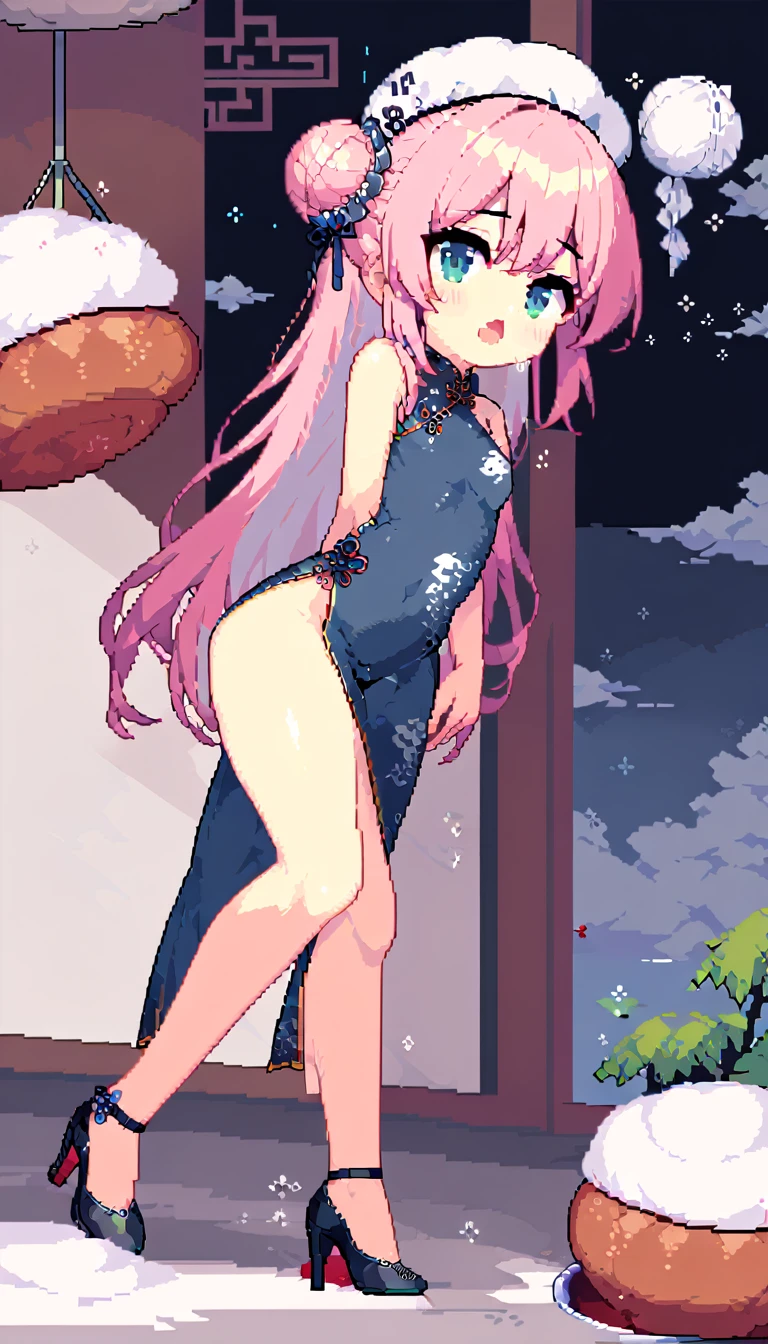 masterpiece, Highest quality, 8k, Pixel art, Pixel art, Vivid, ((1girl)), young woman, ((I'm about to drop the dish., 皿が👍から離れて, The meat bun is floating in the air)), Panic, Sweating, cute, Turning at an angle, Open your mouth, Fluffy hair, Long Hair, Hair like sheep's hair, Pink Hair, eyebrow, 太いeyebrow, China dress, Chignon Cap, High heels, (Highest quality:1.0), (China Hotel)