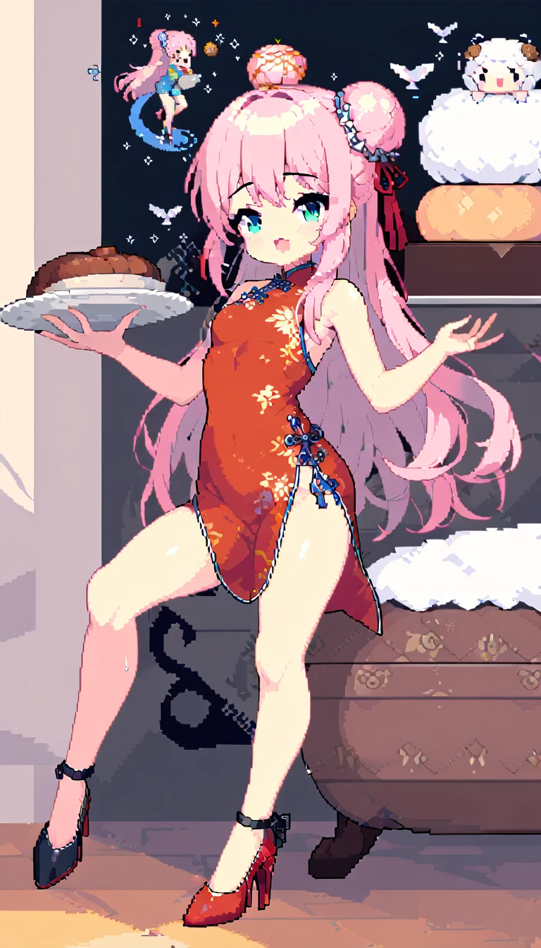 masterpiece, Highest quality, 8k, Pixel art, Pixel art, Vivid, ((1girl)), young woman, ((I'm about to drop the dish., 皿が👍から離れて, The meat bun is floating in the air)), Panic, Sweating, cute, Turning at an angle, Open your mouth, Fluffy hair, Long Hair, Hair like sheep's hair, Pink Hair, eyebrow, 太いeyebrow, China dress, Chignon Cap, High heels, (Highest quality:1.0), (China Hotel)