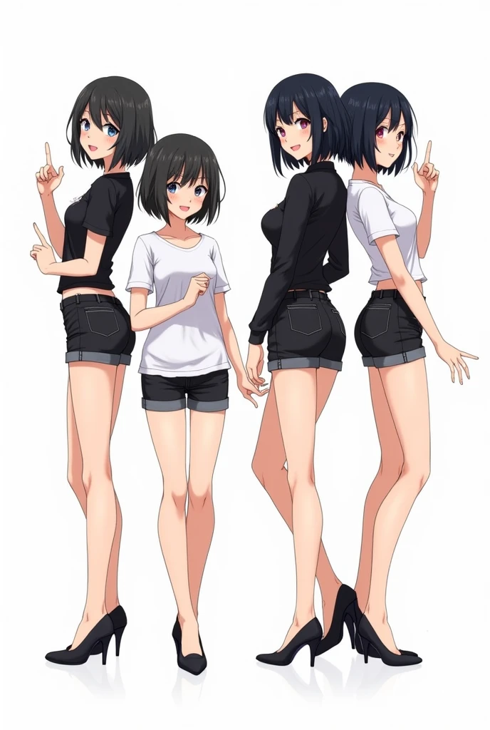 4 anime girls full body, very attractive, very stylish, Different heights among them, they are separated from each other with cute poses ,they wear short shoulder-length black hair, They wear very short shorts, They don't wear blouses., They wear high heels, They are of different ages, white color background, realist anime.