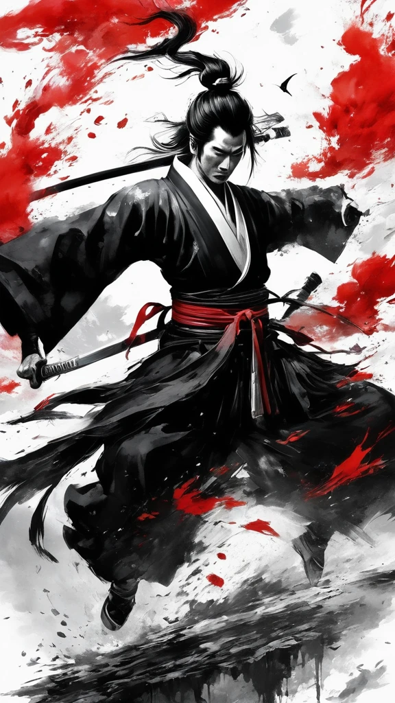 Ink Painting,Ink Painting,Black and white painting,splash,Upside-down face,Two-Way,main character、Ganryu Island、Only the knife is red、Like a demon god、A terrifying expression、fear、Musashi Miyamoto,Black costume,(multiple crows:1.4),(Acrobatic pose,Detailed depiction of an intense sword-fighting scene:1.3),
