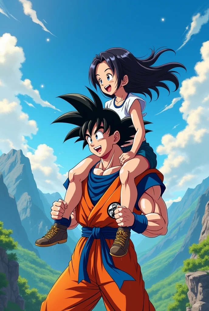 Goku carrying Goku (female) on his shoulders