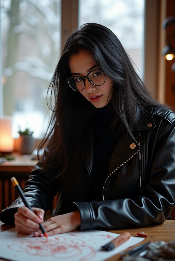 Create an animation of a 20-year-old woman's winter break drawing., 1,65 tall, long black hair, eyes black, wears round glasses, wears black clothes, leather jacket pale skin and large breasts