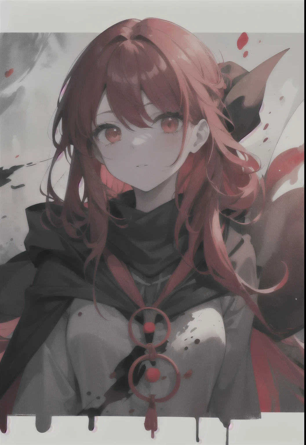 1girl,(red hair)),red eyes,萝,long hair,(loose long hair),((black cloak)),(cape hood),scarf,red moon on the sky,night,floating red flowers falling,upper body,ruins,intense shadows,ash,fire,ice,((Ink wash painting)),((ink splashing)),((color splashing)),