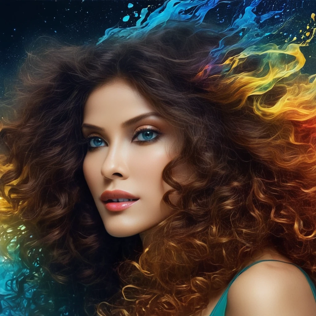 nanx, curly hair, ultra detailed artistic abstract art of a Double exposure portrait, a beautiful woman face is perfectly blended into a beautiful landscape, double exposure, midnight aura, night sky, detailed gorgeous face, dreamy, glowing, backlit, glamour, glimmer, shadows, oil on canvas, brush strokes, smooth, ultra high definition, 8k, unreal engine 5, ultra sharp focus, art by alberto seveso, artgerm, loish, sf, intricate artwork masterpiece, ominous, matte painting movie poster, golden ratio