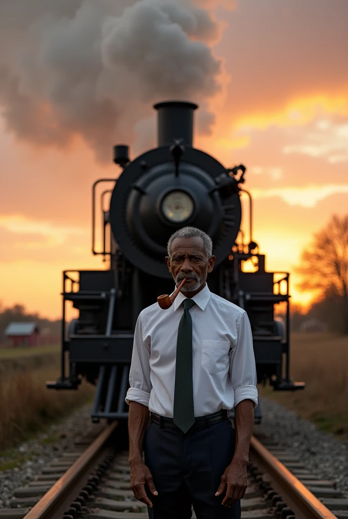 Locomotive stopped working with a man in front with a pipe in his mouth, dark-skinned man, 55 years old, wearing a tie
