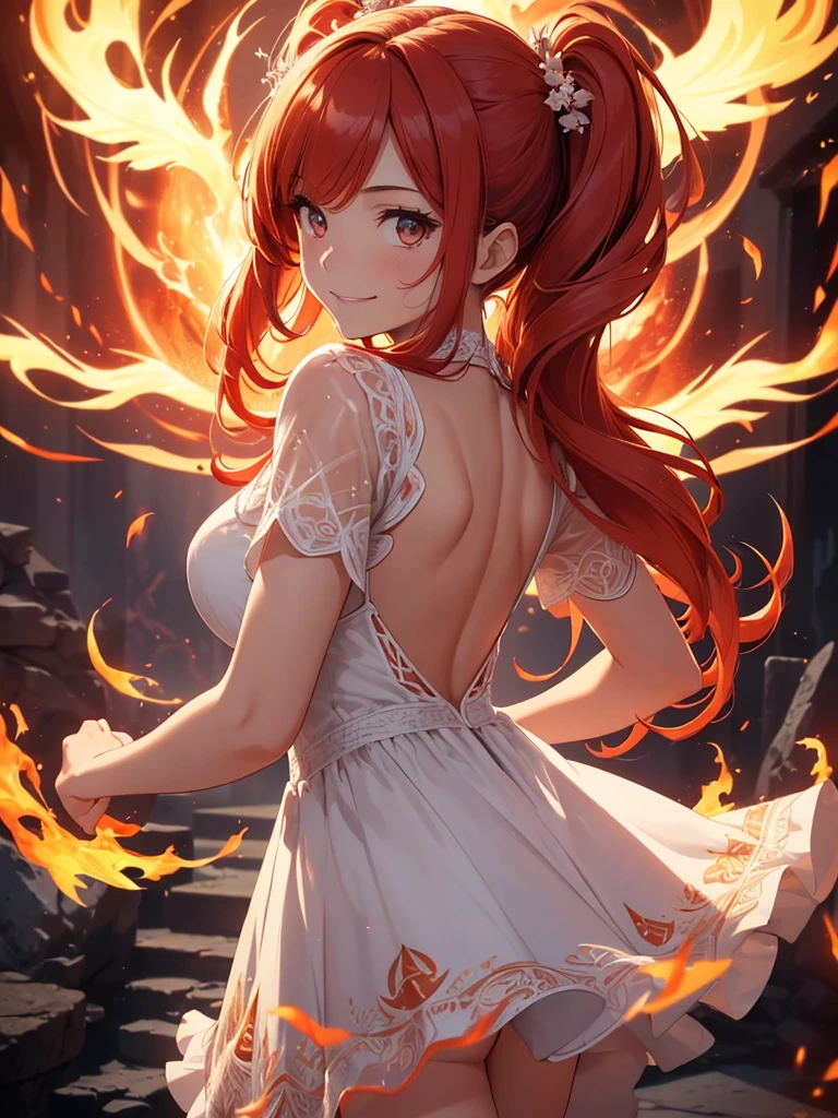 (((best quality, sharp image, clear image, cinematic lighting, 8k resolution, masterpiece, ultra detailed, intricate))) Girl, (((looking over left shoulder))), (shot from behind), ((shot from hip up)), fiery red hair, pigtails, ((white dress)), ((flaming sigils, flaming runes)), spiky rock formations, (flaming lotus flowers frame), (intricate background), ((Phoenix)), (swirling flames), smiling
