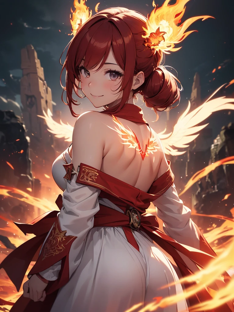 (((best quality, sharp image, clear image, cinematic lighting, 8k resolution, masterpiece, ultra detailed, intricate))) Girl, (((looking over left shoulder))), (shot from behind), ((shot from hip up)), fiery red hair, pigtails, ((white dress)), ((flaming sigils, flaming runes)), spiky rock formations, (flaming lotus flowers frame), (intricate background), ((Phoenix)), (swirling flames), smiling