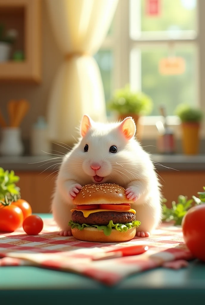 realistic White Hamster with hamburger