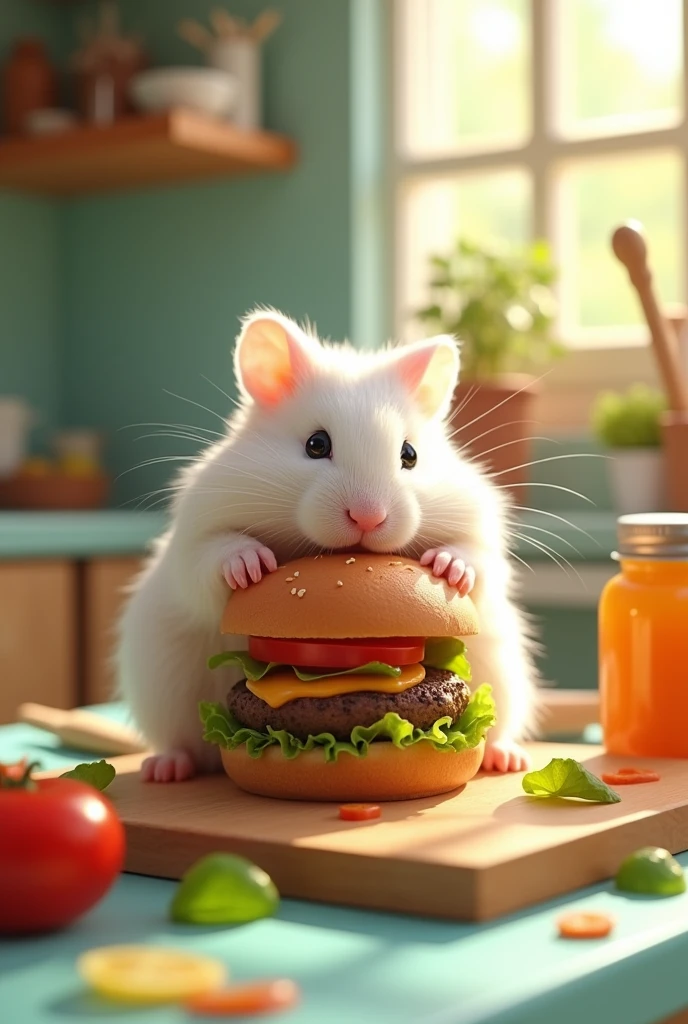 realistic White Hamster with hamburger