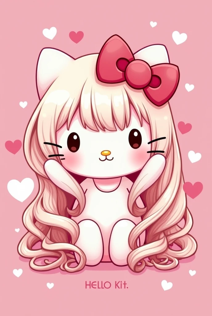 Describe a Hello Kitty with bangs and long curly hair.