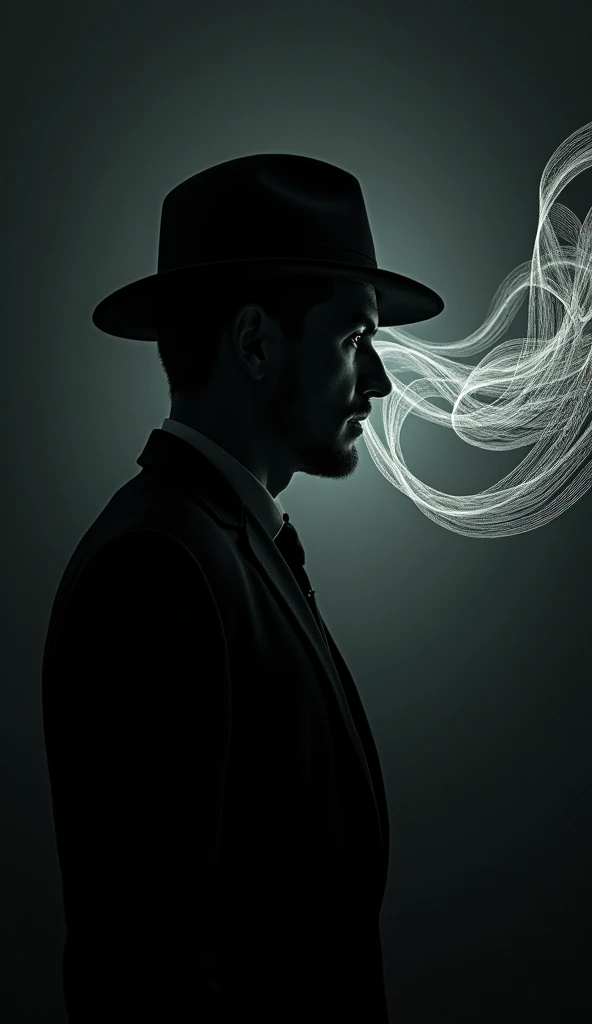 "A man with a fedora hat, complex music waves emerging from his ears in an intricate pattern, cinematic and surreal lighting, dark and moody atmosphere, 8K resolution, hyperrealistic style, chiaroscuro shading, muted color scheme, and intense shadows, masterpiece quality."