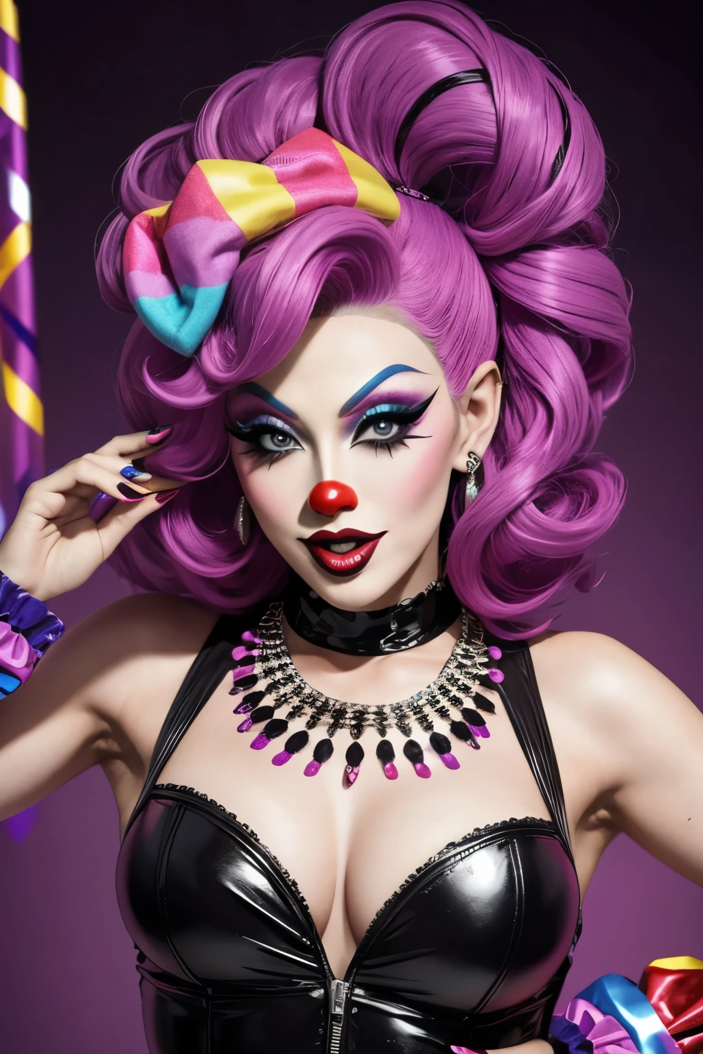 professional photo of a (dutch woman:1.1),
she is wearing clown costume and she has very long purple hair,
detailed skin, detailed eyes, detailed clown makeup,
inside dusty circus arena,
volumetric fog, volumetric dust,
photo made with Canon EOS in natural style photography,
popular on artstation, popular on deviantart, popular on flicker