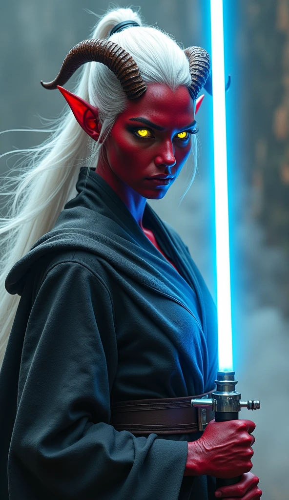 ((ultra-realistic:1.5)) portrait of a fierce Tiefling Jedi warrior, with crimson skin, sharp features, and glowing yellow eyes, wielding a blue lightsaber. Her long, white hair flows behind her, accentuating her twisted horns that curve gracefully from her head. The setting is a mist-filled, otherworldly environment, with thick fog swirling around her, creating an ethereal and mysterious atmosphere. She wears traditional Jedi robes with intricate details, the fabric flowing naturally as she assumes a battle-ready stance. The blue glow of the lightsaber casts dynamic lighting on her face and armor, highlighting the tension and intensity of the moment. The image captures her from a three-quarter view, focusing on her determined expression and the powerful energy of the lightsaber. | Inspired by the works of WLOP, Stanley "Artgerm" Lau, and Yoji Shinkawa, blending elements of dark fantasy with sci-fi epic. ((UHD:1.5)), ((best quality:1.6)), ((masterpiece:1.6)).