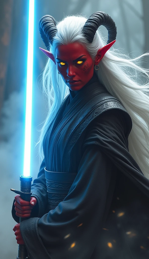 ((ultra-realistic:1.5)) portrait of a fierce Tiefling Jedi warrior, with crimson skin, sharp features, and glowing yellow eyes, wielding a blue lightsaber. Her long, white hair flows behind her, accentuating her twisted horns that curve gracefully from her head. The setting is a mist-filled, otherworldly environment, with thick fog swirling around her, creating an ethereal and mysterious atmosphere. She wears traditional Jedi robes with intricate details, the fabric flowing naturally as she assumes a battle-ready stance. The blue glow of the lightsaber casts dynamic lighting on her face and armor, highlighting the tension and intensity of the moment. The image captures her from a three-quarter view, focusing on her determined expression and the powerful energy of the lightsaber. | Inspired by the works of WLOP, Stanley "Artgerm" Lau, and Yoji Shinkawa, blending elements of dark fantasy with sci-fi epic. ((UHD:1.5)), ((best quality:1.6)), ((masterpiece:1.6)).
