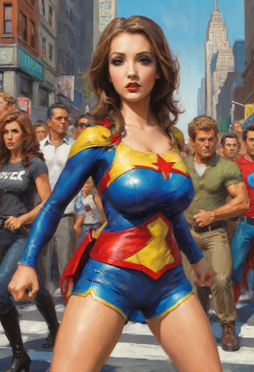 A cute woman (super heroine outfit, crazy matching hair, powers on display) heroic pose, street of new york, facing down a mob of mutant monsters