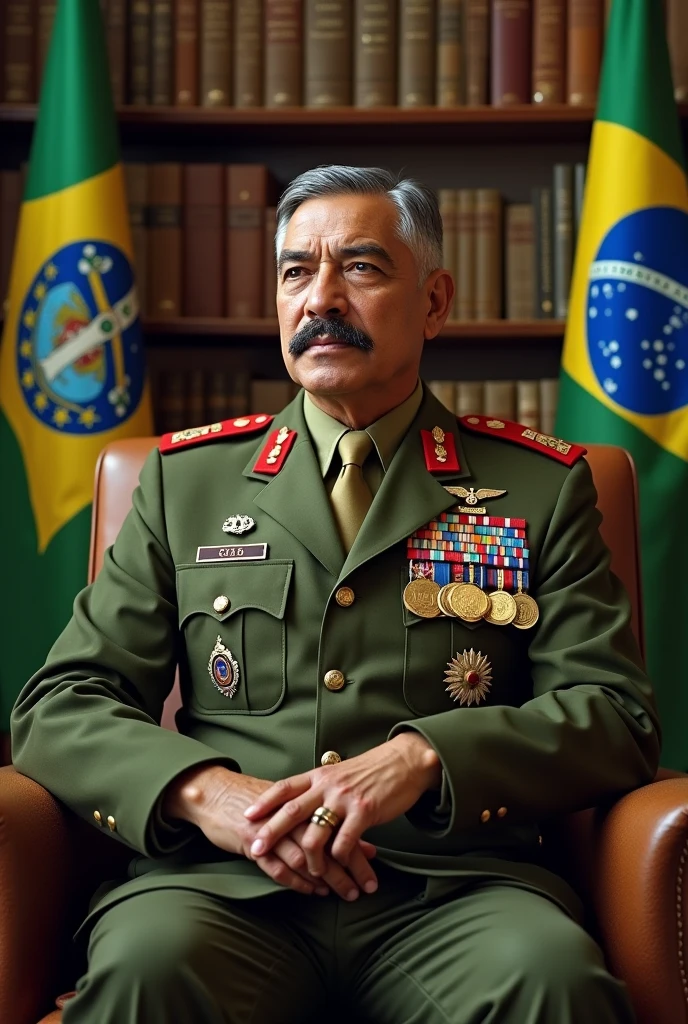 A realistic and detailed portrait of a Colonel of mixed race from the Brazilian army, approximately 40 years old., with black and gray hair on the sides, and a thin scar on his face like a mark of bravery, he has a mustache. He is wearing a high-ranking olive green uniform of the Brazilian Army officer, adorned with medals and decorations. The background features an office of the Brazilian Army, with books and Brazilian flags, integralists and fascist, He is a realistic coat of arms, which contributes to the atmosphere of authority and respect. The veteran is sitting in a comfortable armchair, exuding wisdom and strength, and looking like a respected and esteemed leader