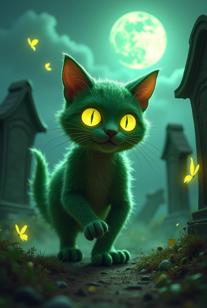 Green zombie cat with green eyes