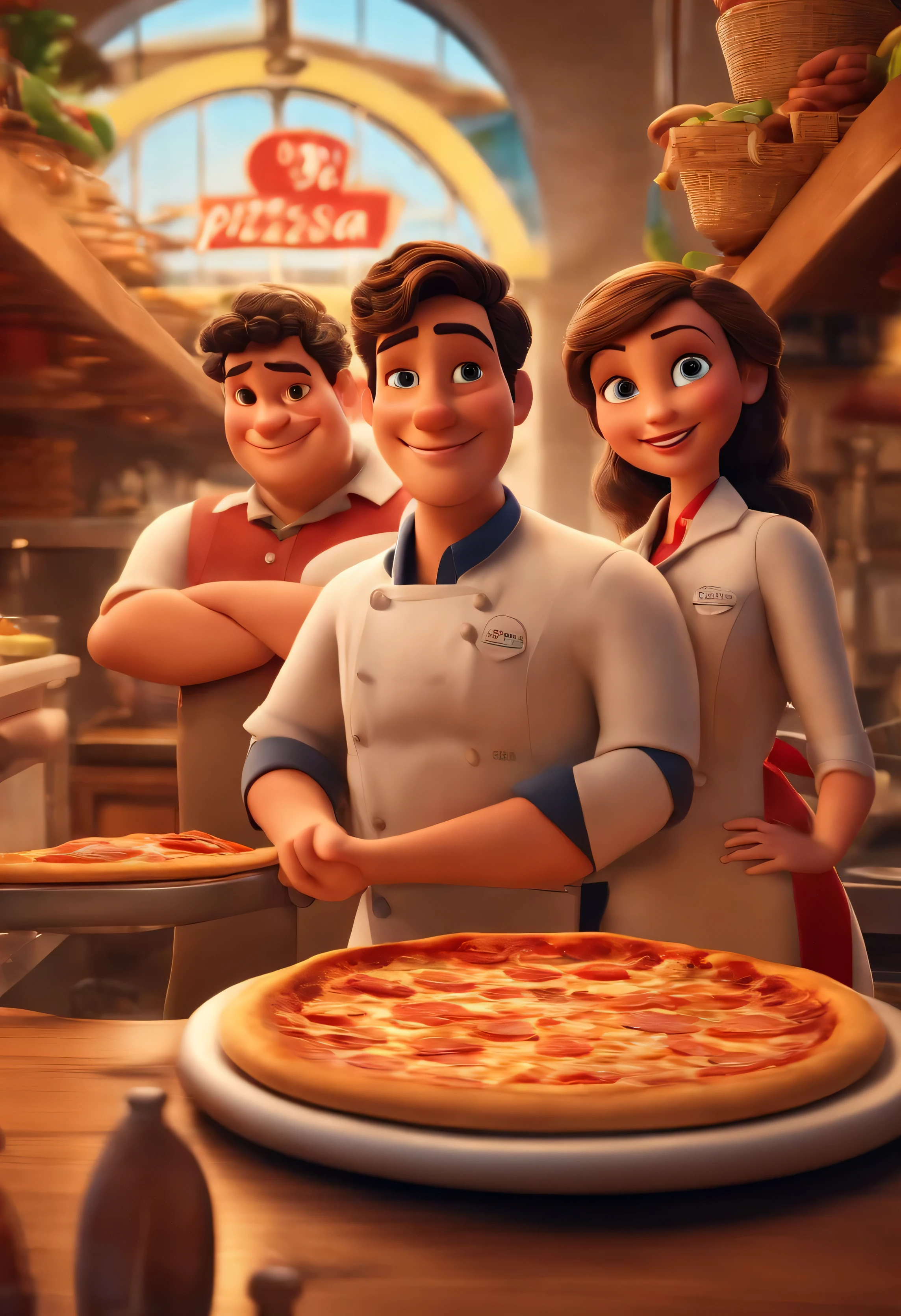 Disney Pixar Movie Style Poster, Best quality and 3D display, For a team of pizza restaurant workers. pizza chef, Waiter and Chef. They are happy and in uniform.