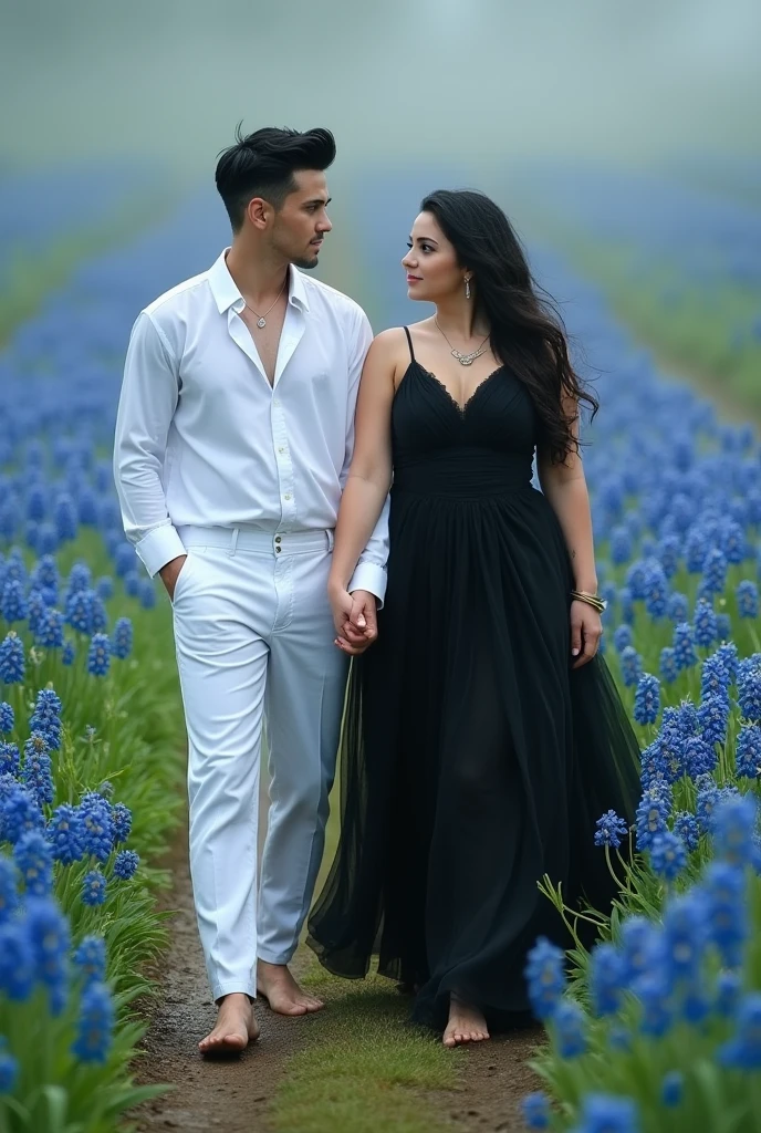 A white man, dark brown eyes, short black modern haircut, black beard, 5 feet 7 inches tall, wearing a white shirt and white pants, holding hands with a white woman, 5 feet 1 inch tall, SHORT BLACK CURLY HAIR, in a black tulle dress, plus size ,barefoot, in the rain, in a field of blue flowers,Magic place, caminhando juntos