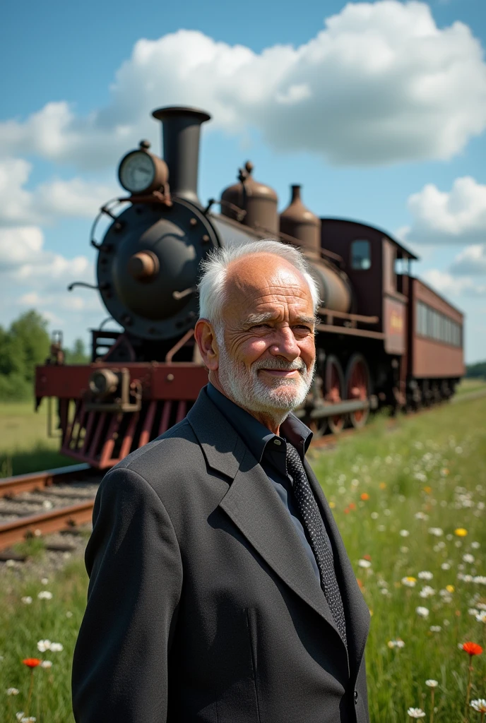 Stopped locomotive running with an old man in front with a pipe in his mouth, a 55 year old dark-skinned man wearing a suit, tie, and dark shirt.
