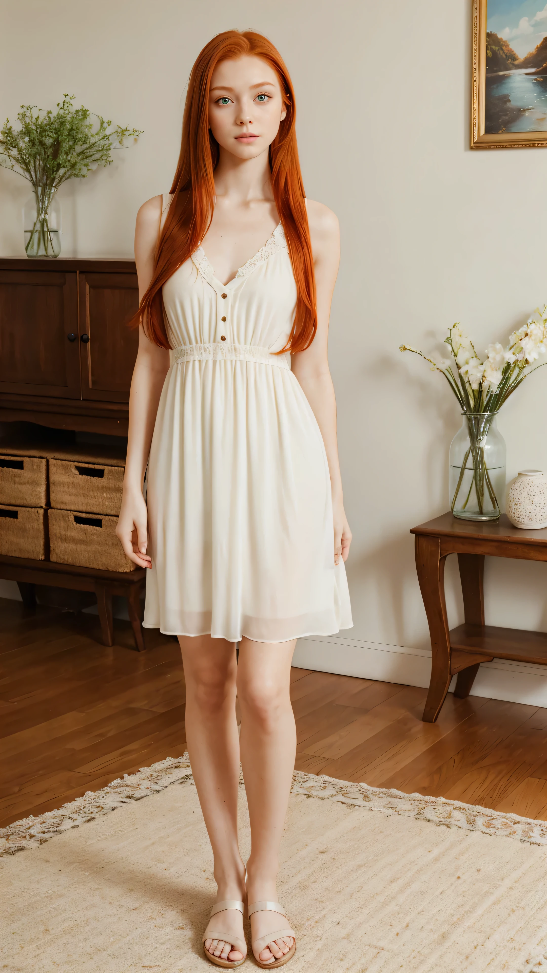 1girl in, age19, Solo, Aesthetic artwork, irish redhead, wavy ginger hair, shoulder length ginger hair, gray eyes, light grey eyes, some small freckles, pale skin, A-cup, small breasts, runners body, detailed skin texture, sitting down having coffee, drinking coffee, (extremely detailed 8k wallpaper), soft lighting, high quality, film grain, Fujifilm XT3 sharp focus, f 5.6, 50mm, High Detail, Sharp focus,(natural light), in a light colored dress. A white sundress, floral pattern sundress, crazy details, complex details, hyperdetailed