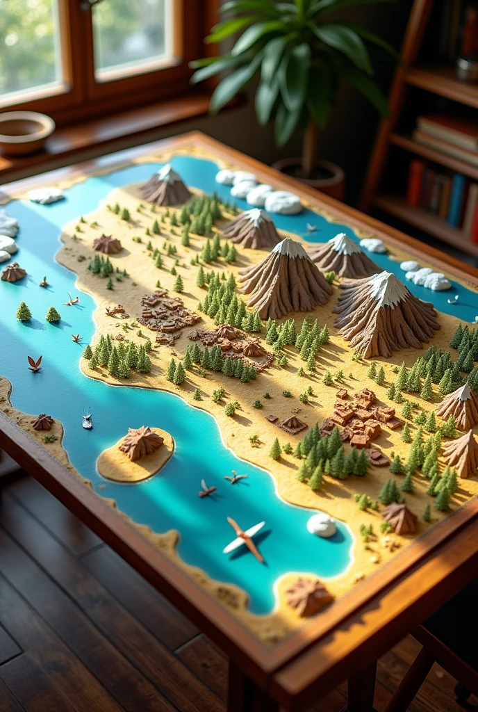 On a table A super large map illustrated with landscapes like deserts, mountains, Mar, a town and city and forests